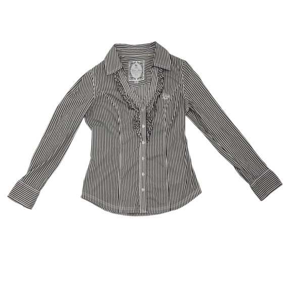 Guess Gray White Stripe Ruffle Fitted V-neck Button Up Shirt Size Medium - Picture 3 of 10